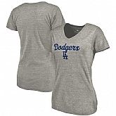 Women's Los Angeles Dodgers Freehand V Neck Slim Fit Tri Blend T-Shirt Ash FengYun
